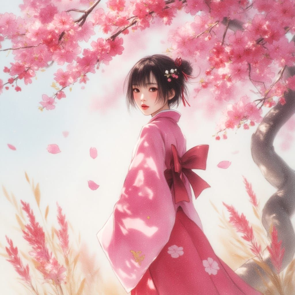 Sakura Girl Under Cherry Blossoms in Whimsical Watercolor St...