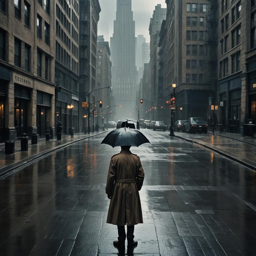 Mysterious Detective in Gothic Skyscraper Shadows, Film Noir...