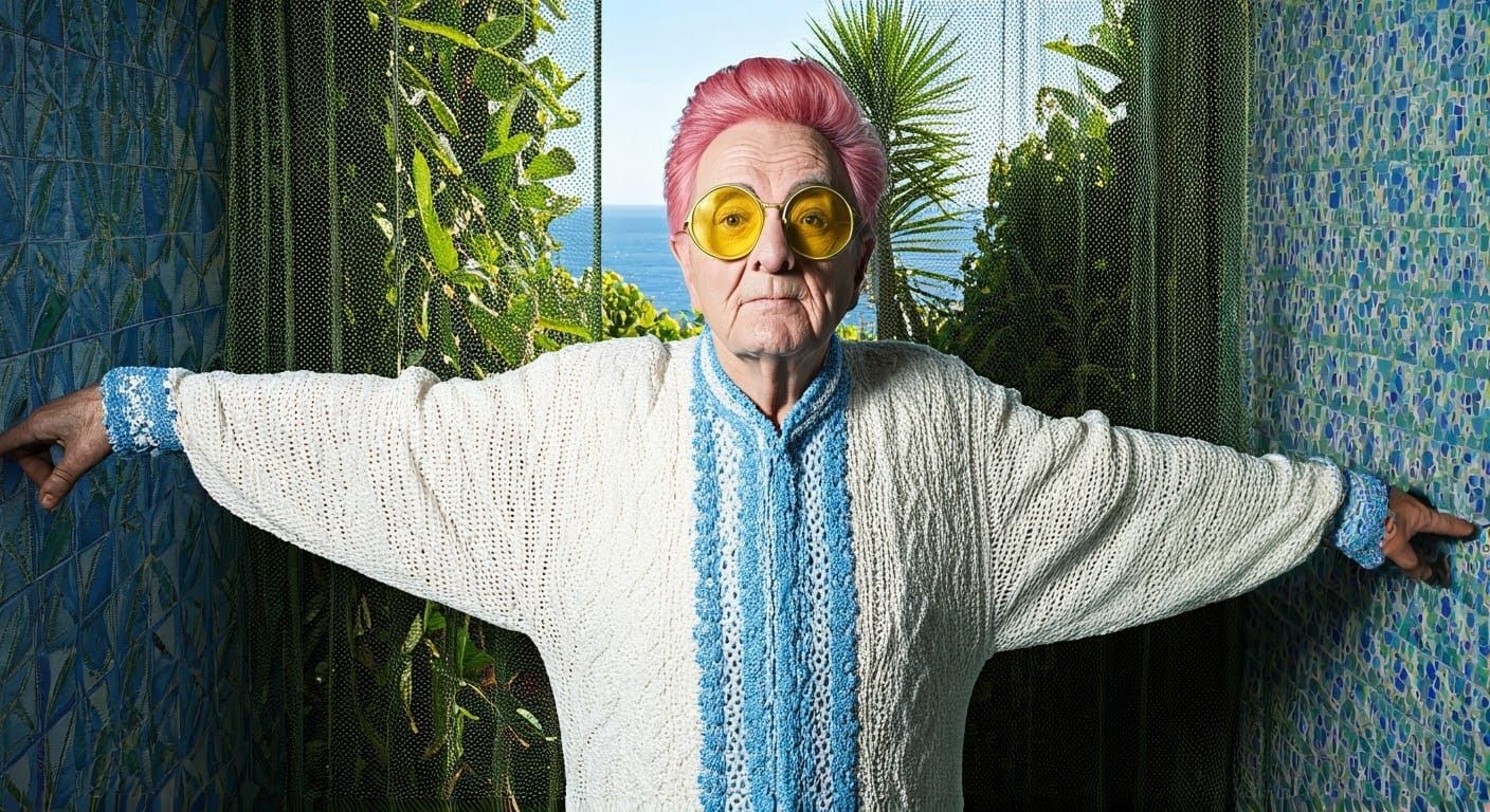 Man with Exaggerated Features in Dreamlike Interior