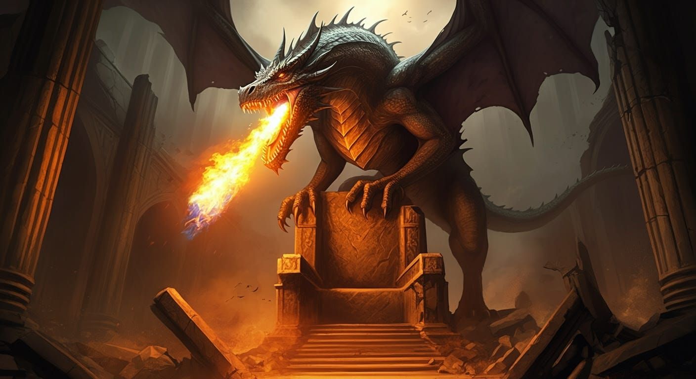 Majestic Dragon Dominates Ruined Throne Room