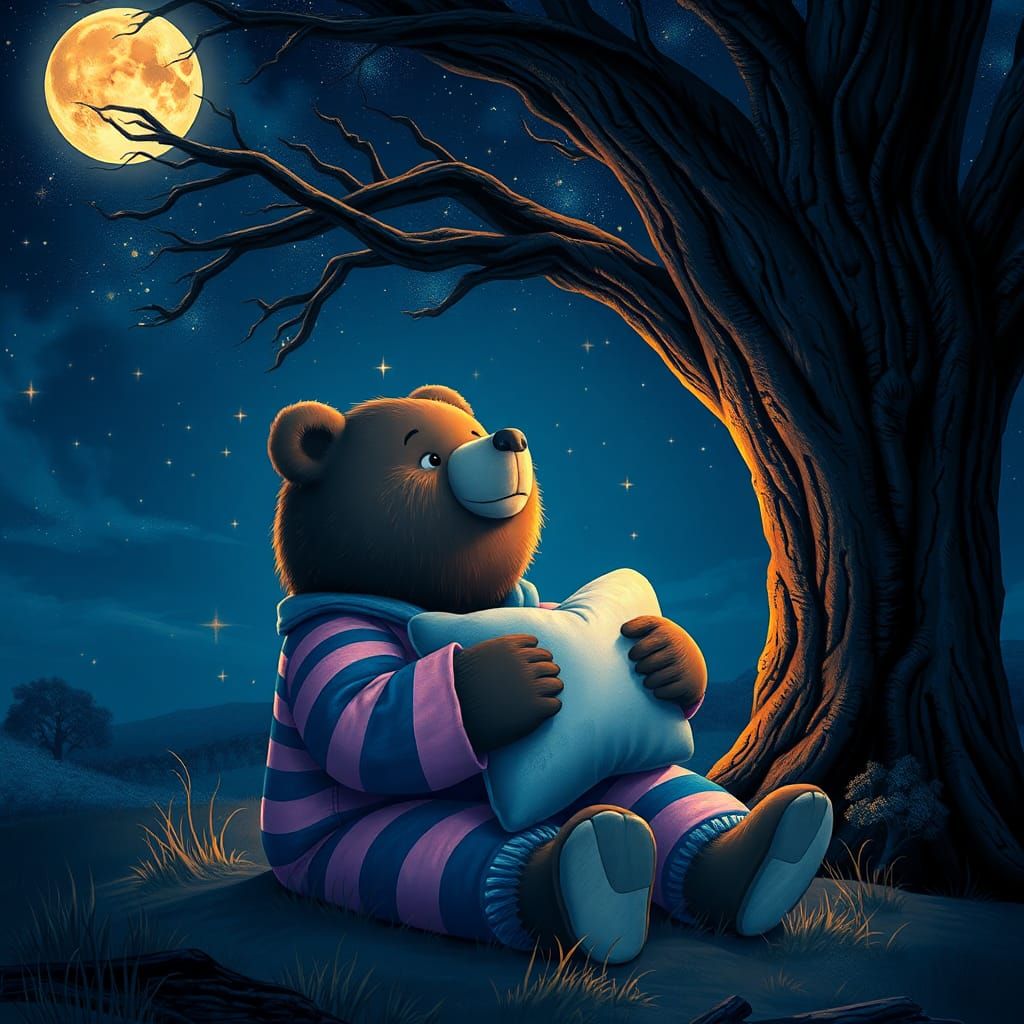 A cute bear in striped blue and pink pyjamas holding a pillo...