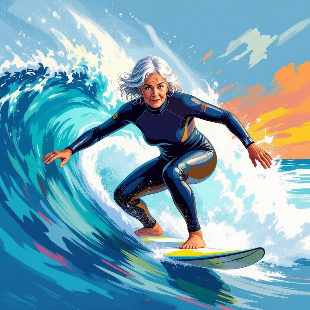 Older Woman Surfing a Huge Wave as Impressionist Art