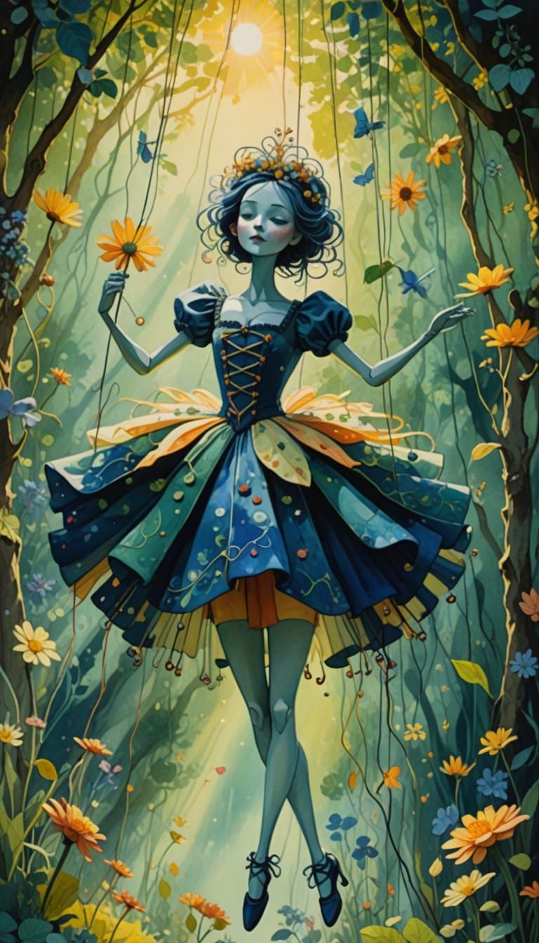 Whimsical Marionette Dance in Ghibli Gouache Garden