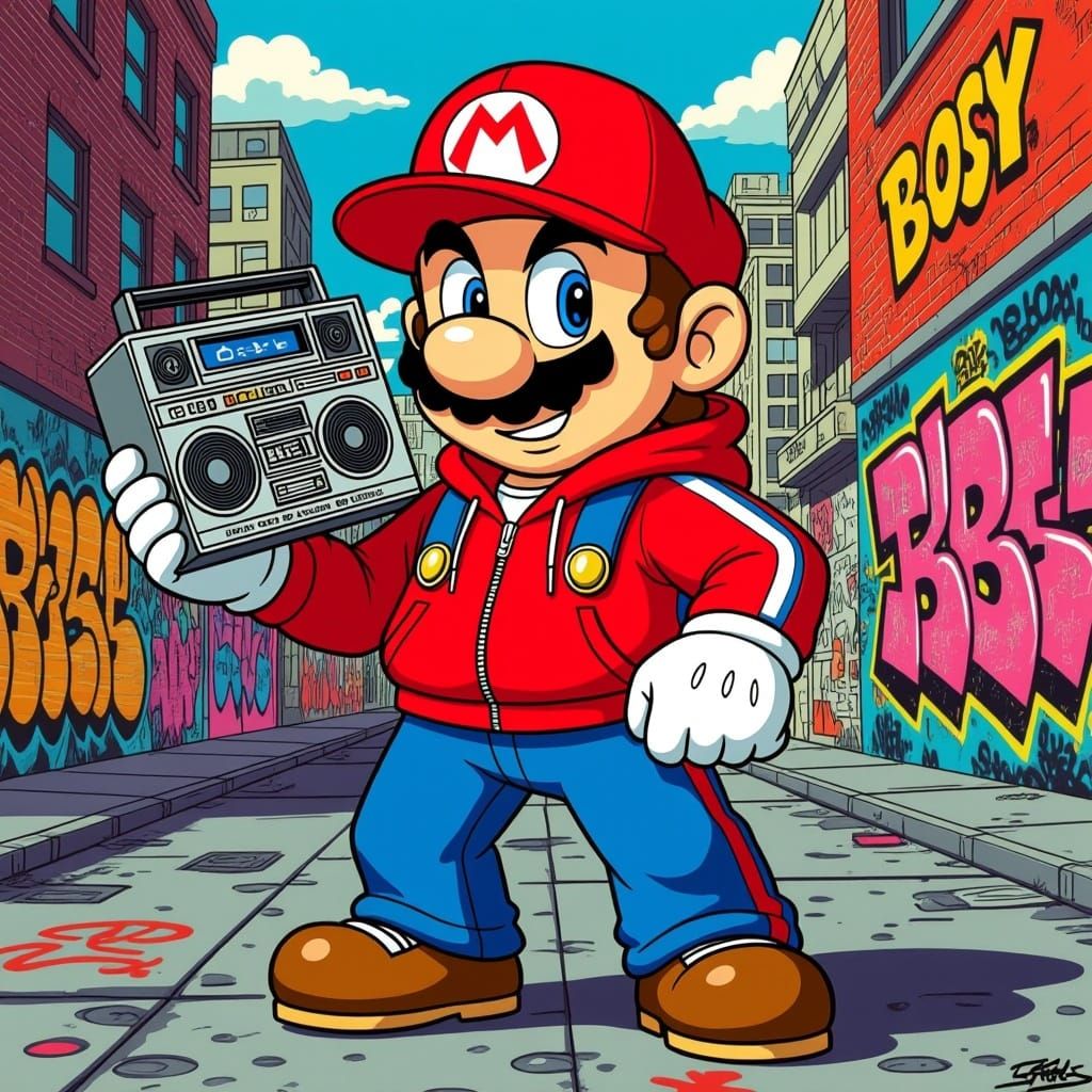 Super Mario as Beastie Boy with Boombox in City