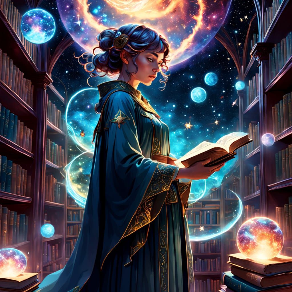 Celestial Librarian in Nebula Library, Art Nouveau