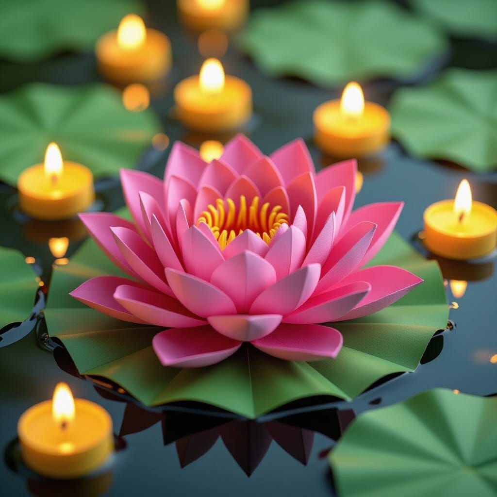 Pink Origami Lotus Flower with Candles