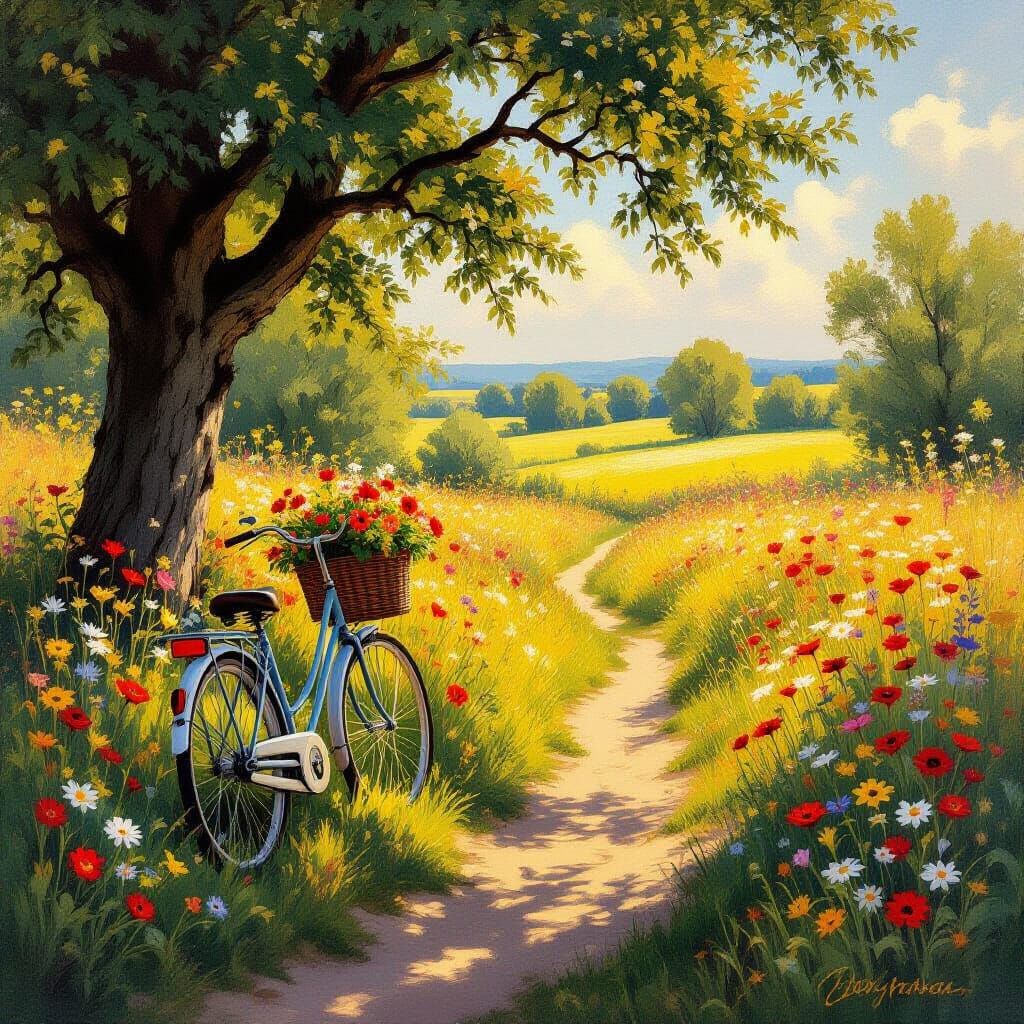 Golden Hour Garden Path with Vintage Bicycle and Wildflowers