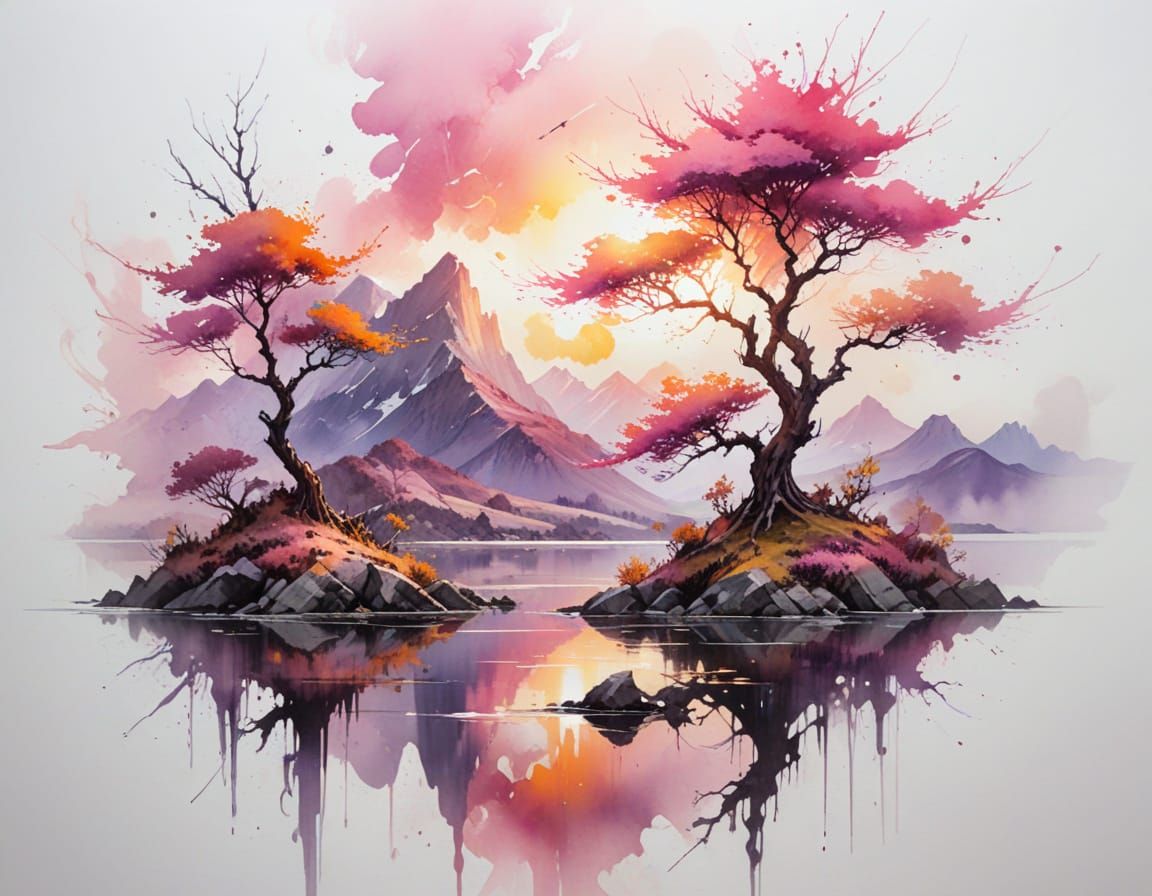 Surreal Pink Forest Landscape with Golden Sun