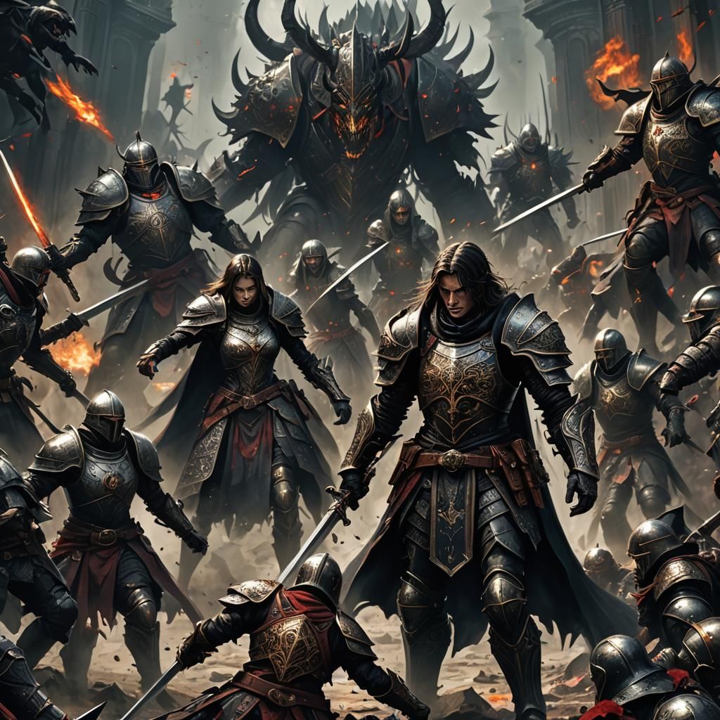 Fantasy Battle Scene with Embracing Figures