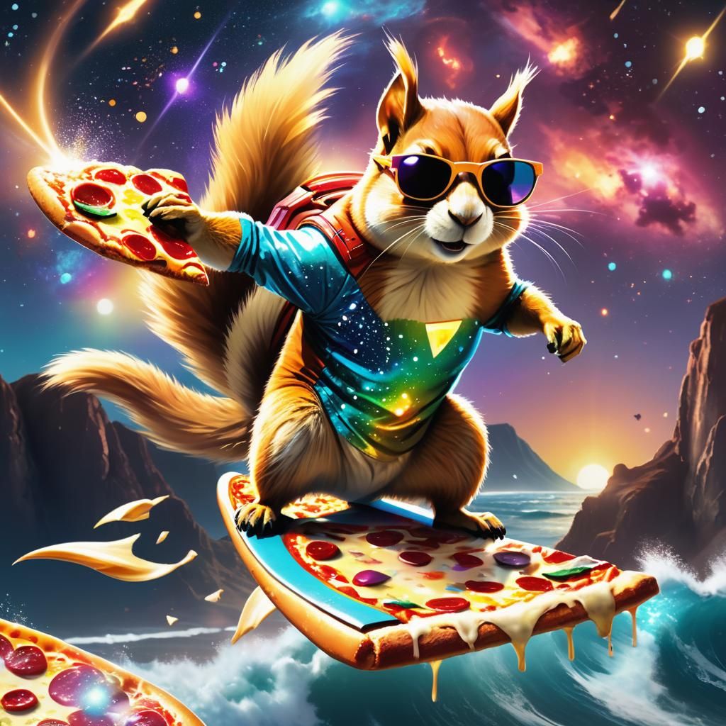 Giant Squirrel Surfing Pizza Cliff in Space