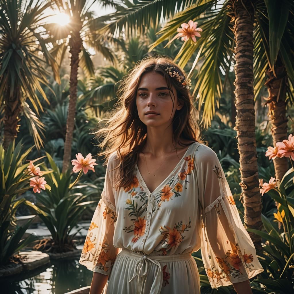Sunset Oasis with Young Woman in Cinematic Style