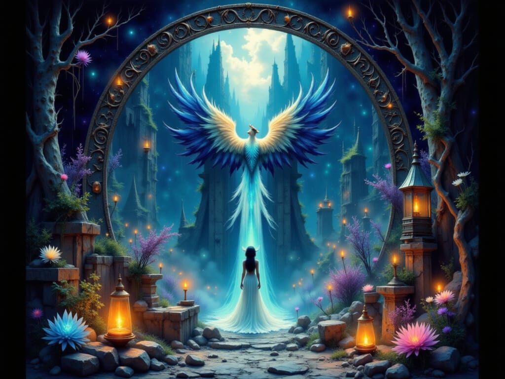 MYTHICAL phoenix RISING, crystal portal, DARK alley, EMBERLI...