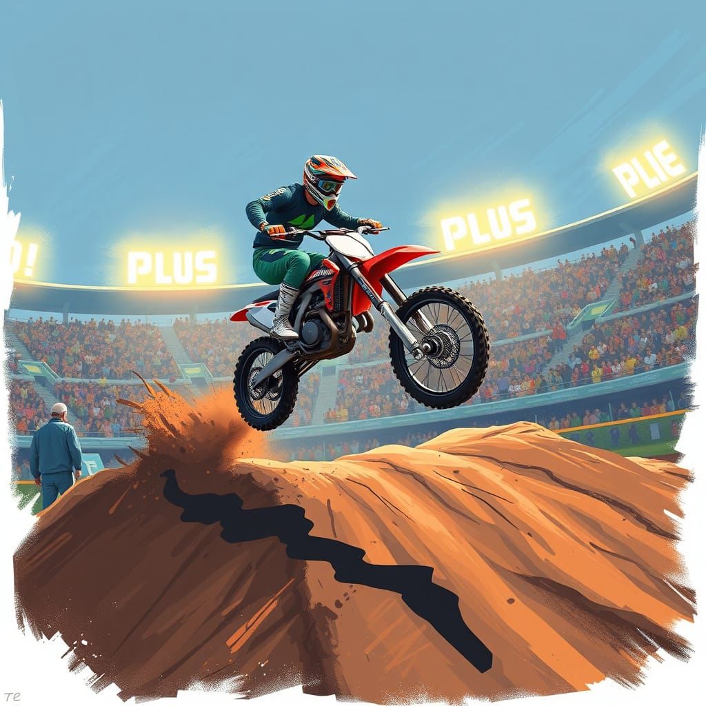 Motocross Rider Jumps in Futuristic Illustration Style