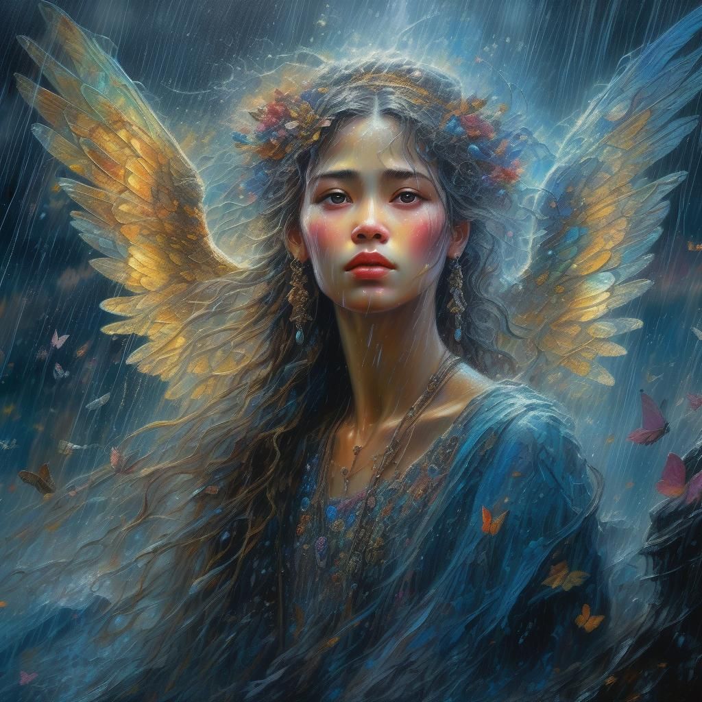 Ethereal Angel in Rain, Dark Fantasy Art