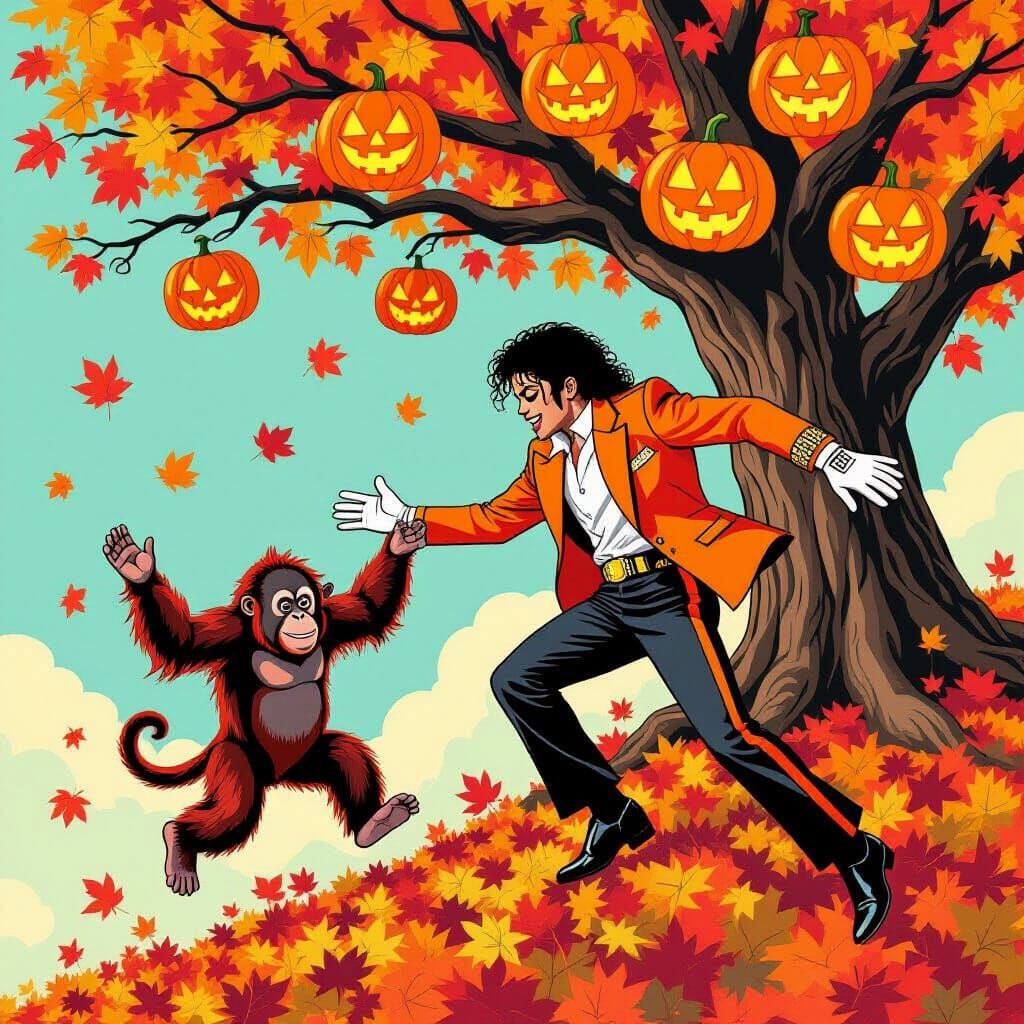 Michael Jackson and Orangutan Climb Autumn Tree