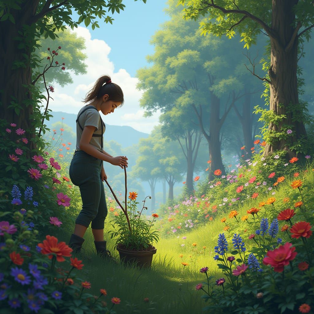 Girl Planting Flowers in Lush Fantasy Landscape