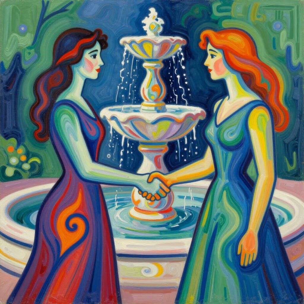 Agreement Sealed: Figures Shake Hands by Fountain in Abstrac...