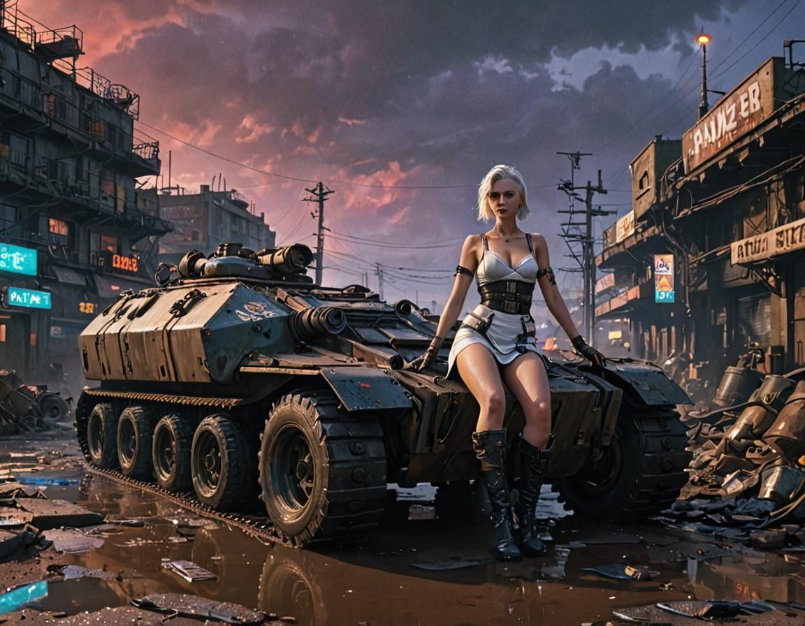 Dieselpunk Soldier Girl and Panzer Tank at Sunset