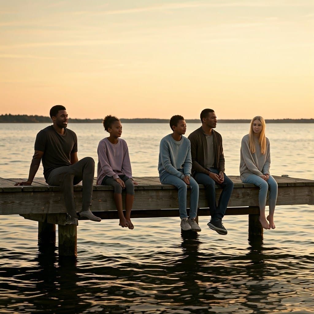 Friends on Dock at Sunset in Atmospheric Style