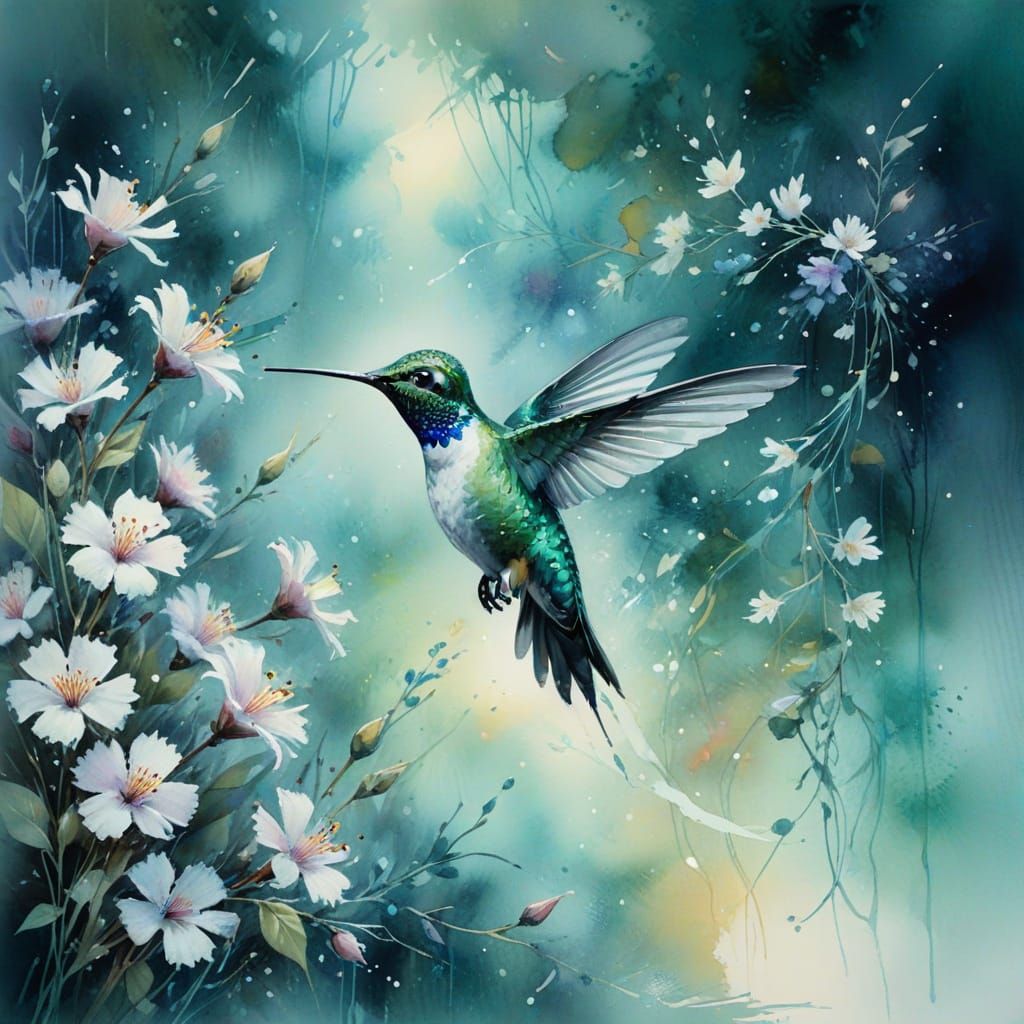 Emerald Hummingbird Hovering Over Teal Blossoms in Twilight ...