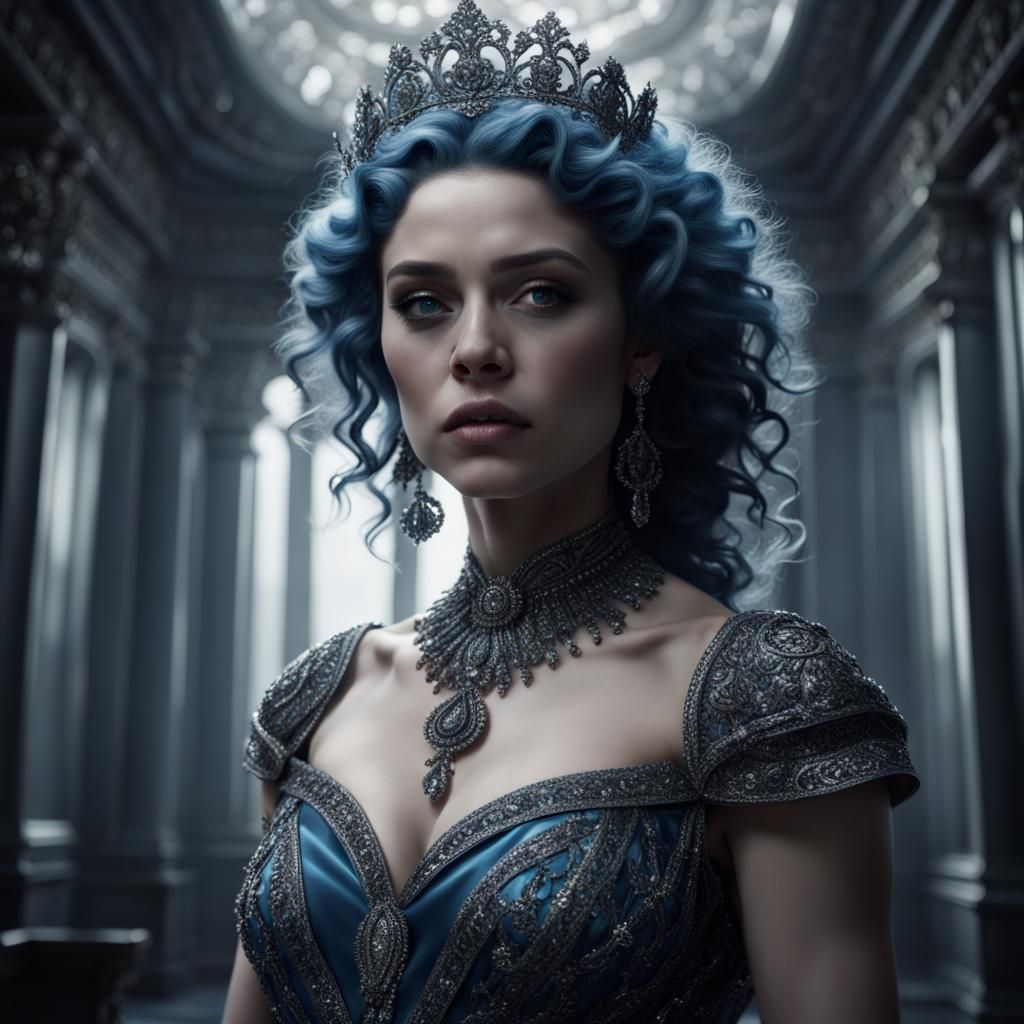 Blue-Haired Princess in Sparkling Gown, Digital Art