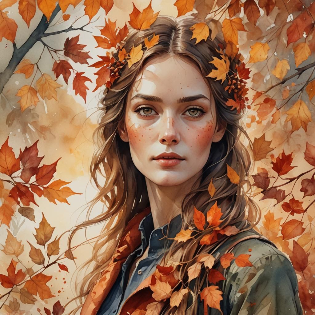 Autumn Woman Portrait in Watercolor Style