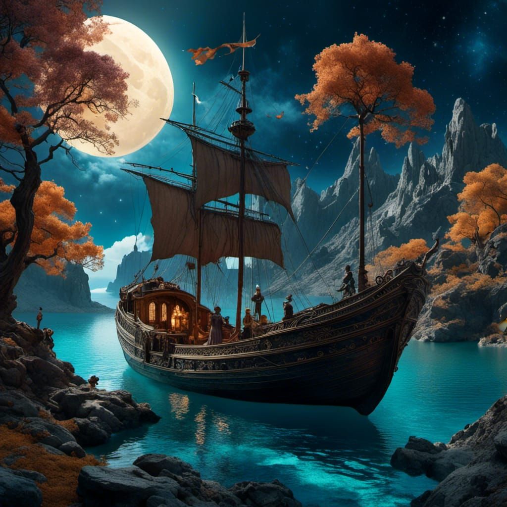 Paper Moon Sails Over Cardboard Sea: Detailed Matte Painting
