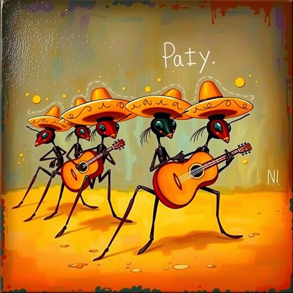 Mexican Ants Mariachi Band in Folk Art Style