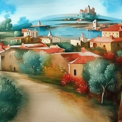 Seaside Spanish Village Landscape in Gouache