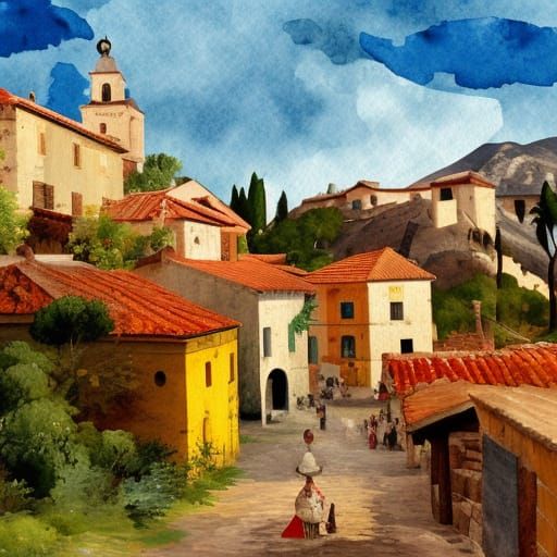 Seaside Spanish Village: An Impressionist Gouache Masterpiec...