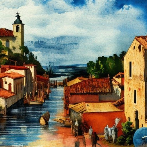 Seaside Village Landscape in Impressionist Style