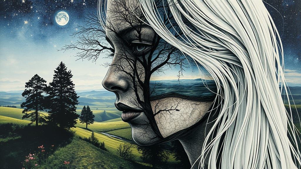 Dual Exposure Portrait of Woman Amidst Nature and Stars