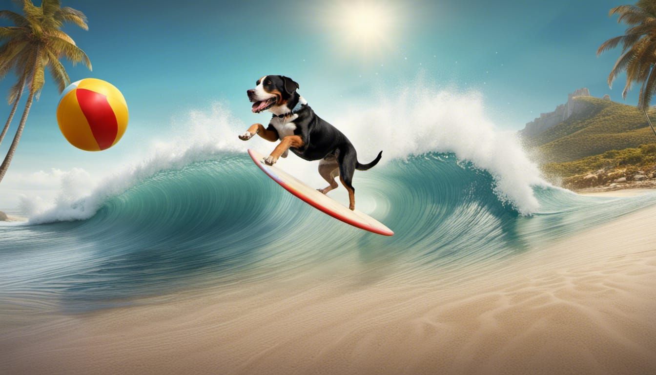 Swiss Mountain Dog Surfing a Tropical Wave
