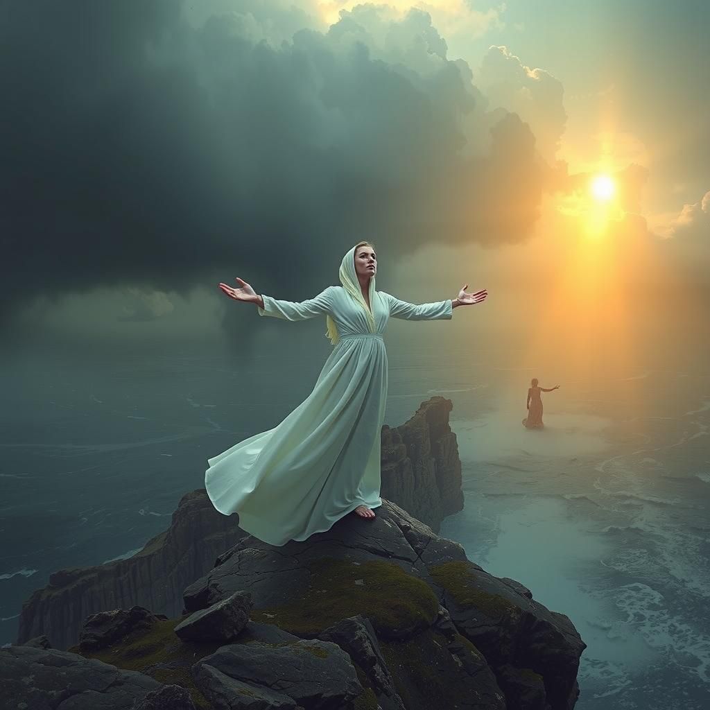 Woman on Cliffside Gazing at Stormy Sky