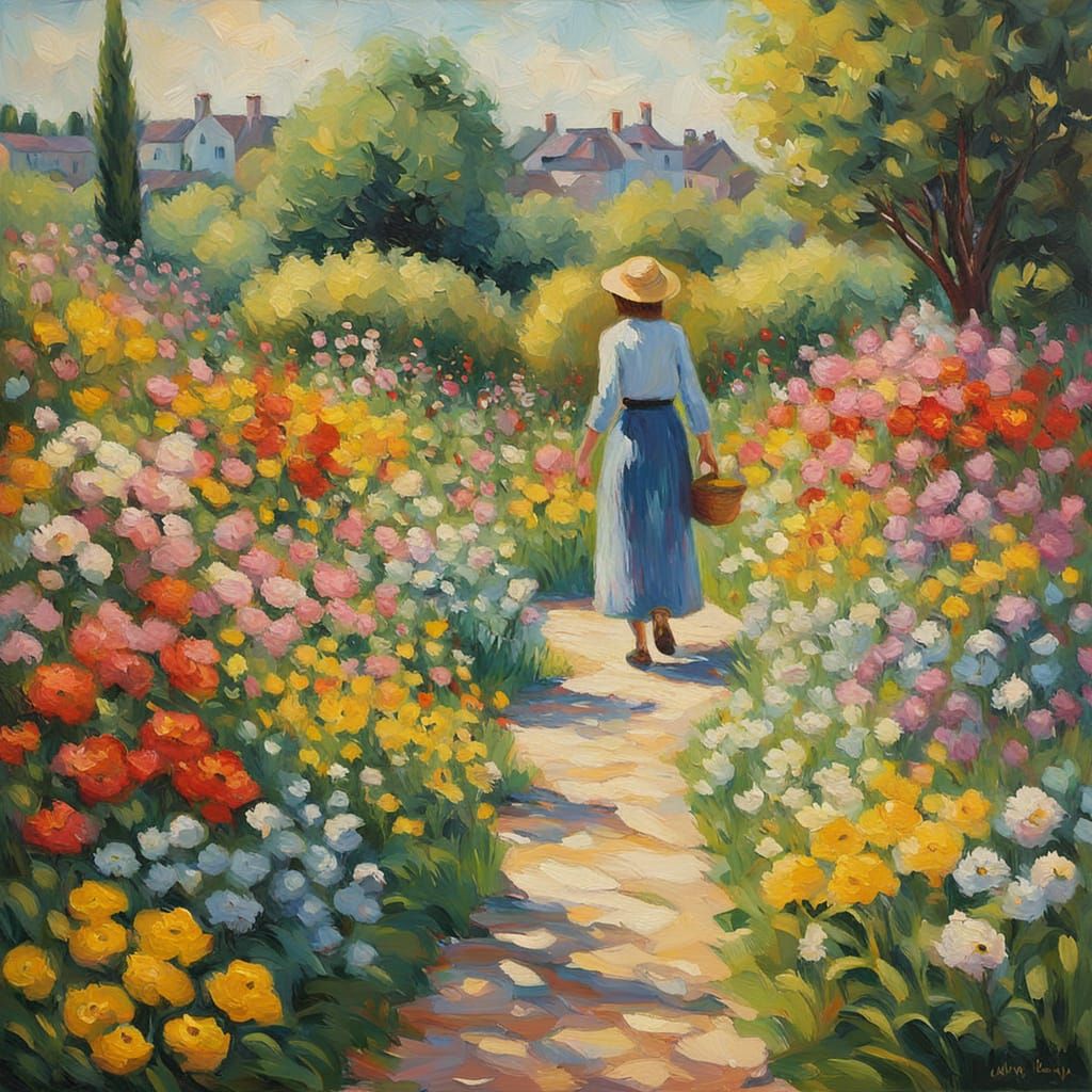 Spring Morning Garden Walk: Impressionist Oil Painting