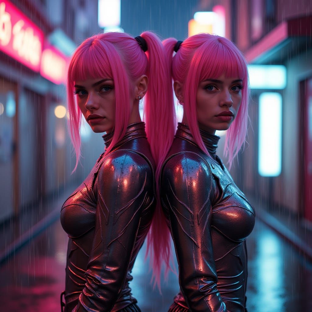 Twin Sisters in Neon Alleyway, Cyberpunk Style