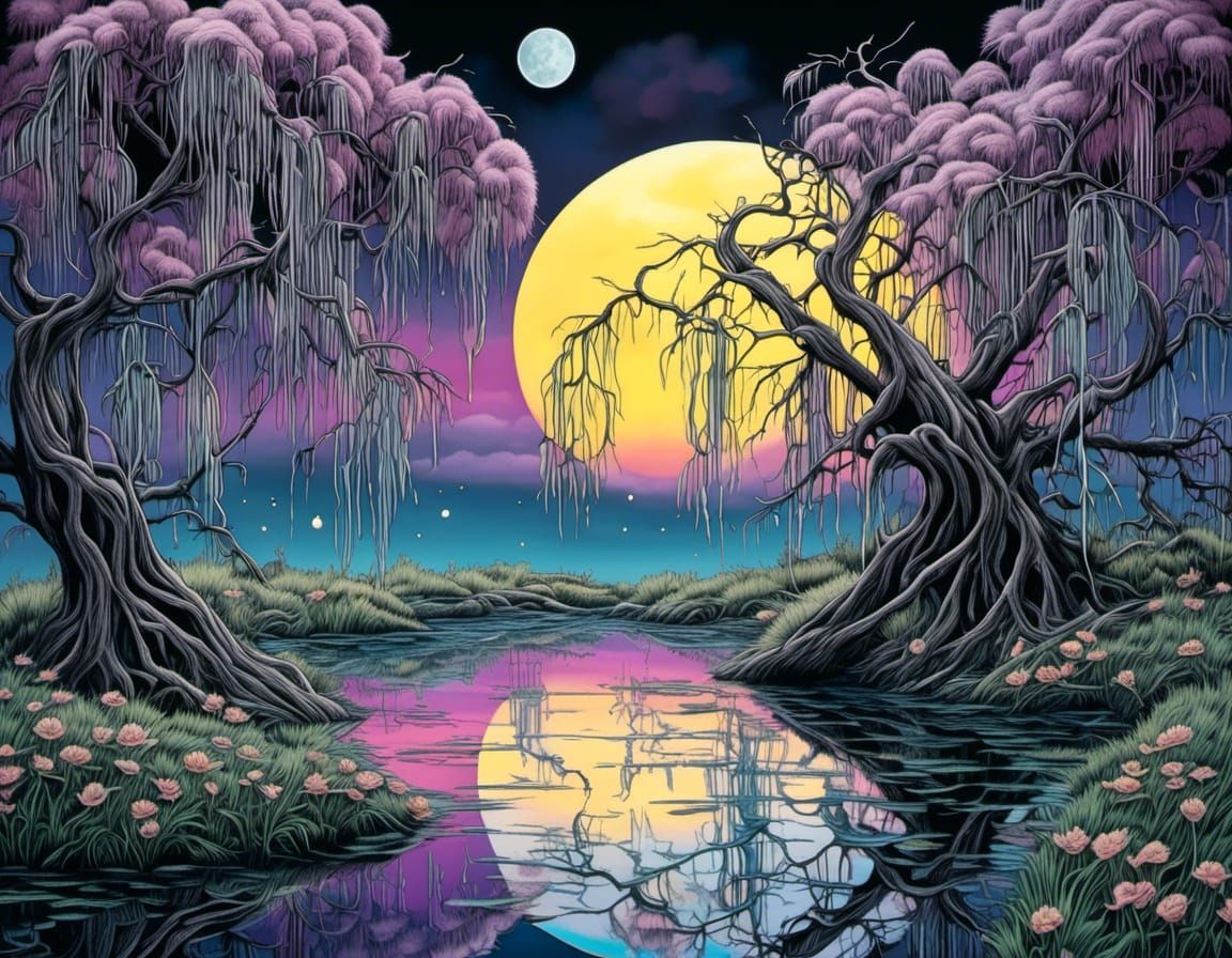 Surreal Moonlit Pond in Ink and Pencil Style