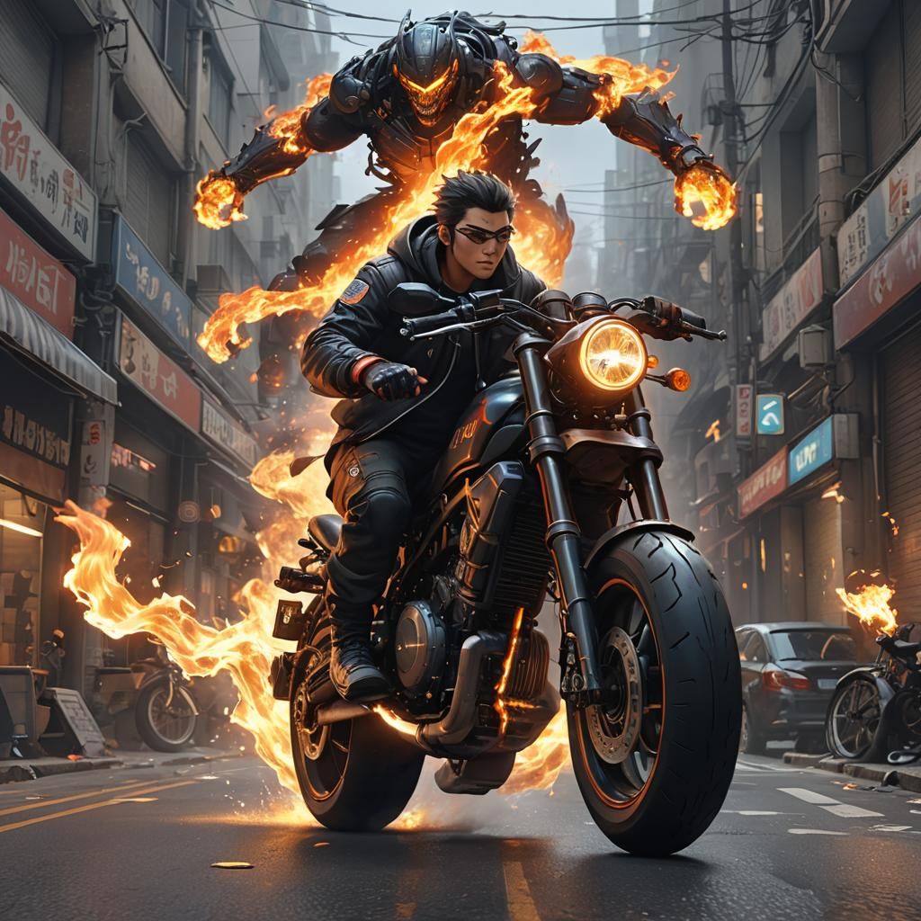 Electric Flaming Heavy Bike in 3D Anime Art