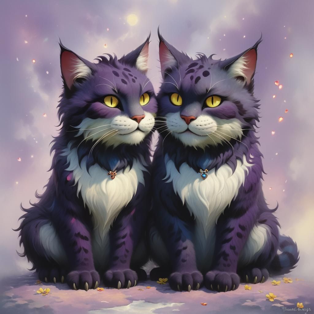 Happy Cat Monsters in Love: Ethereal Fantasy Art