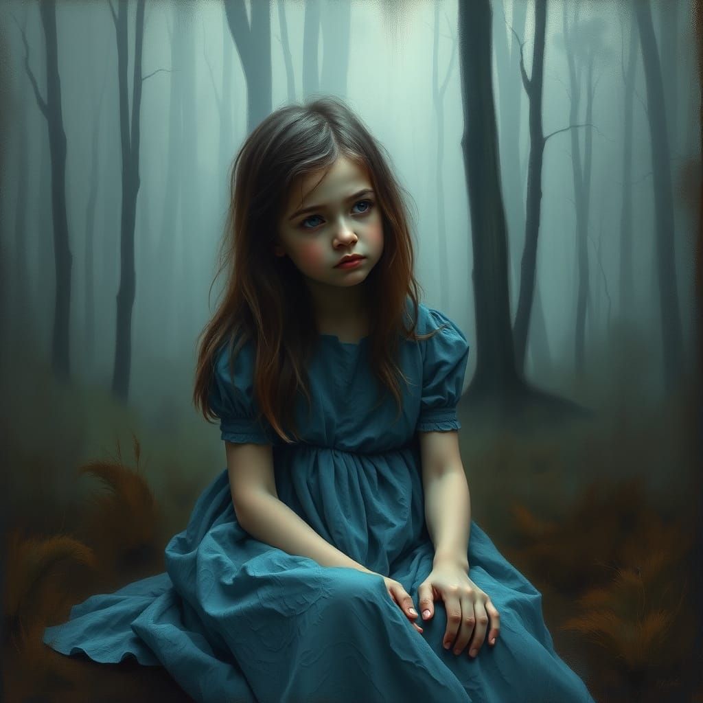 Melancholic Girl in Misty Forest, Impressionistic Style