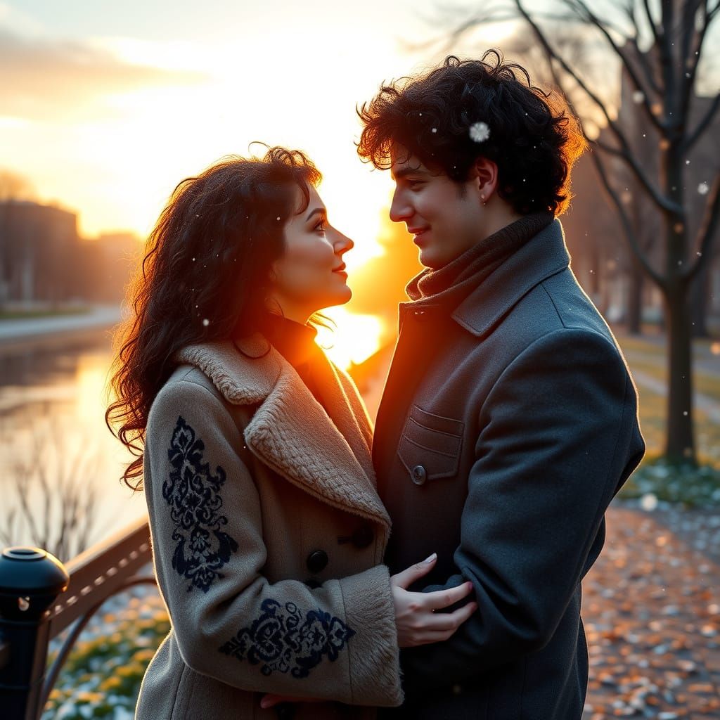 Modern Love: Veles and Marena Embrace in Winter Wonderland