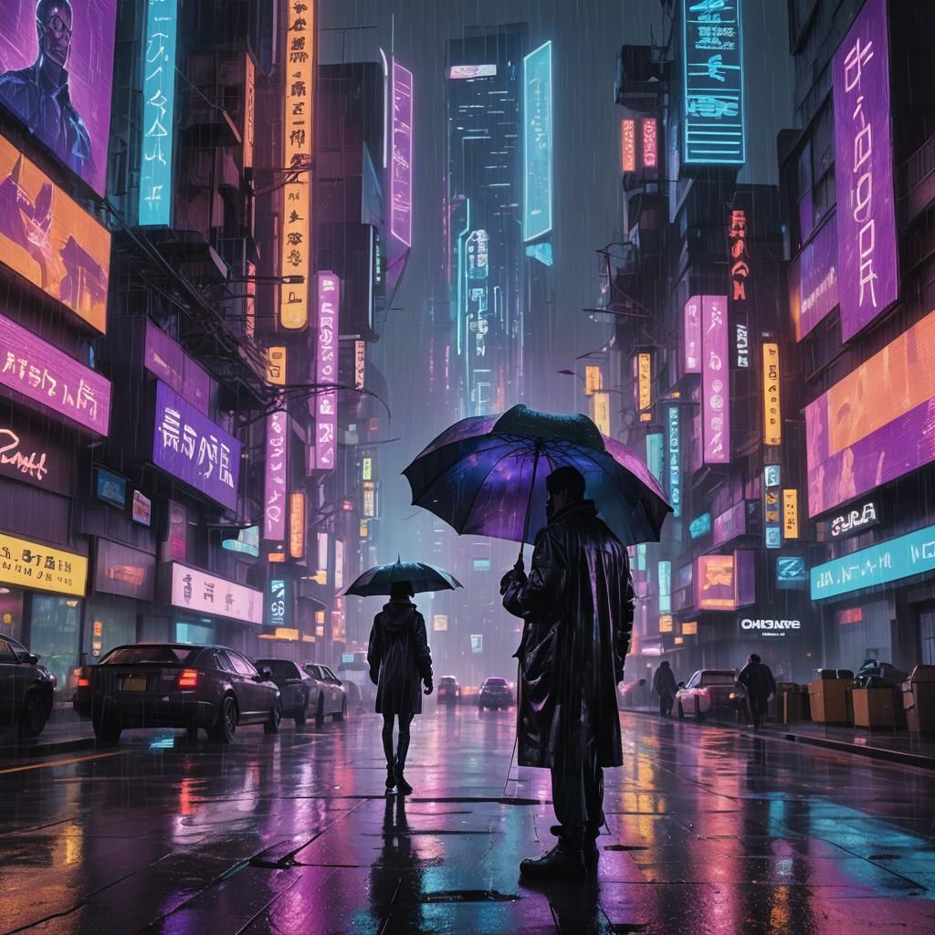 Neon Cyberpunk Cityscape in the Style of Syd Mead