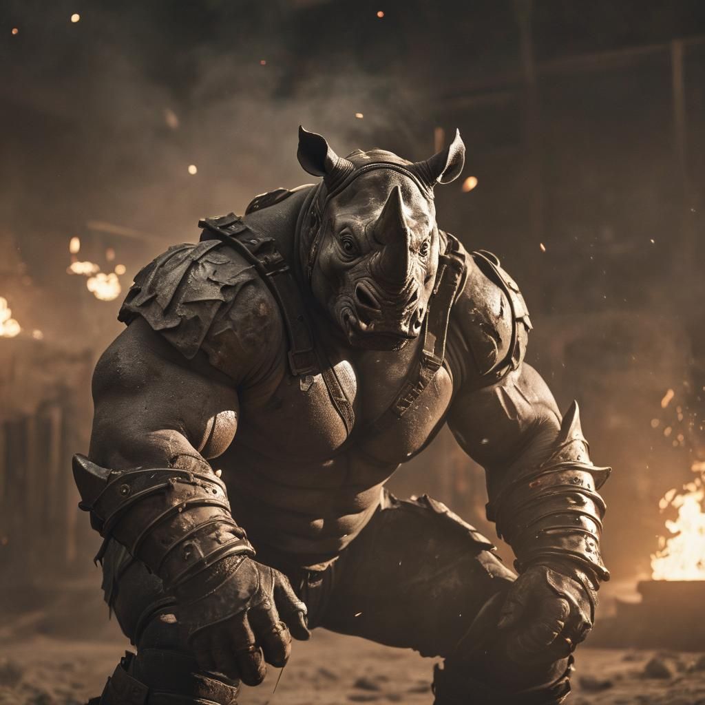 Rhino Gladiator Superhero Smashing Through Burning Arena