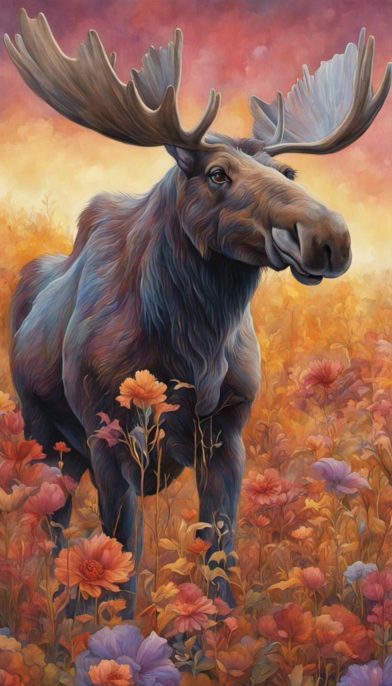 Moose and Baby in Twilight Flower Field