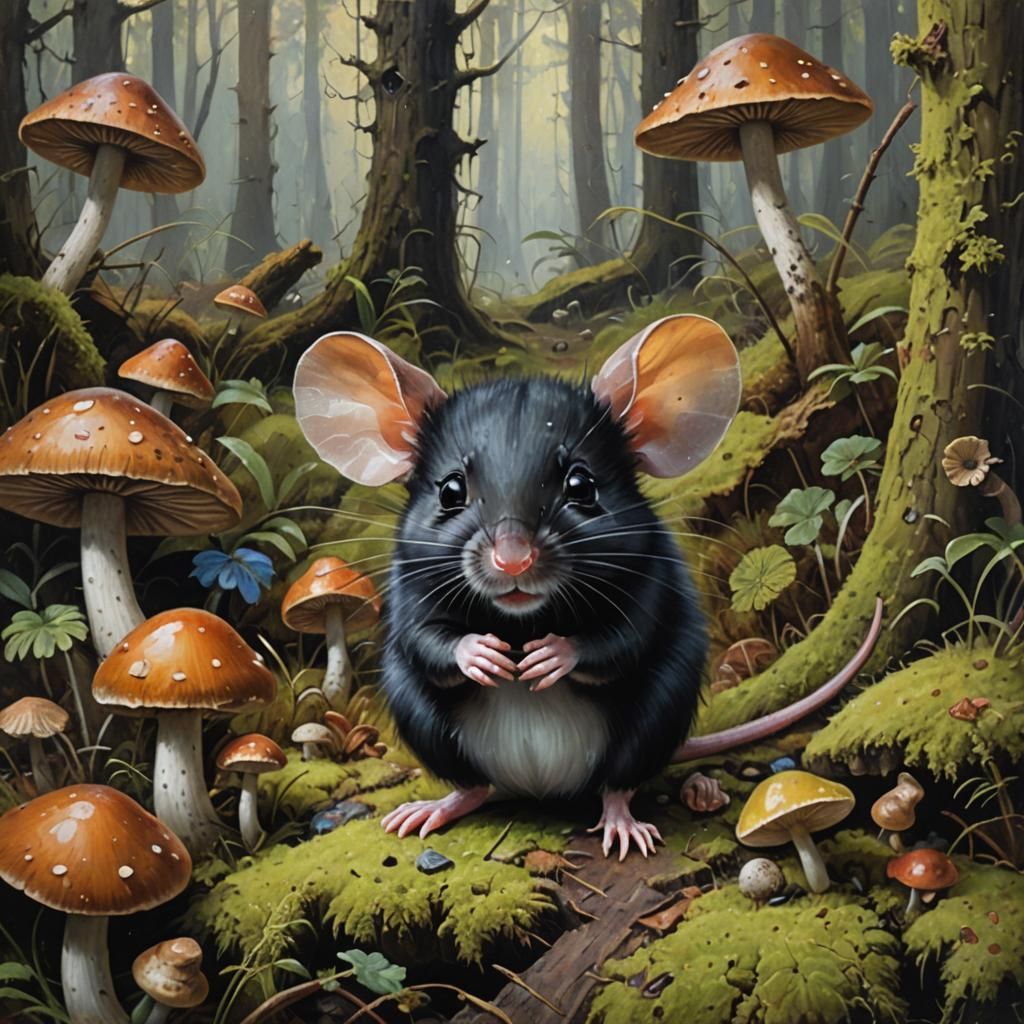 Black Mouse in Forest, Oil Painting by Gurney