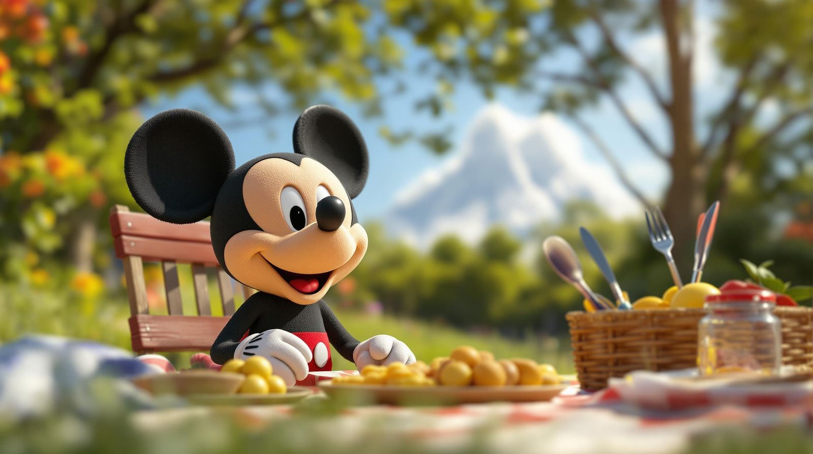 Photorealistic 3D Mickey Mouse at Sunny Picnic
