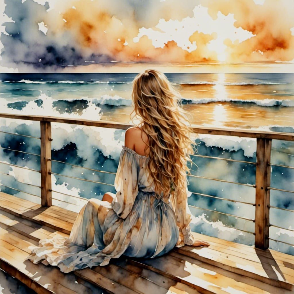 Candid Woman by the Ocean: Golden Hour Serenity