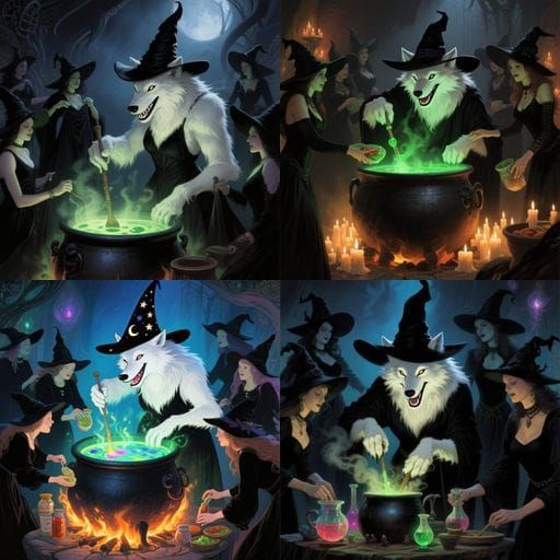 Werewolf Witch Brews Potion with Coven