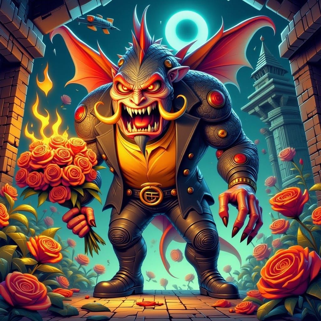 Muscular Goldfish with Roses and Floral Tattoos