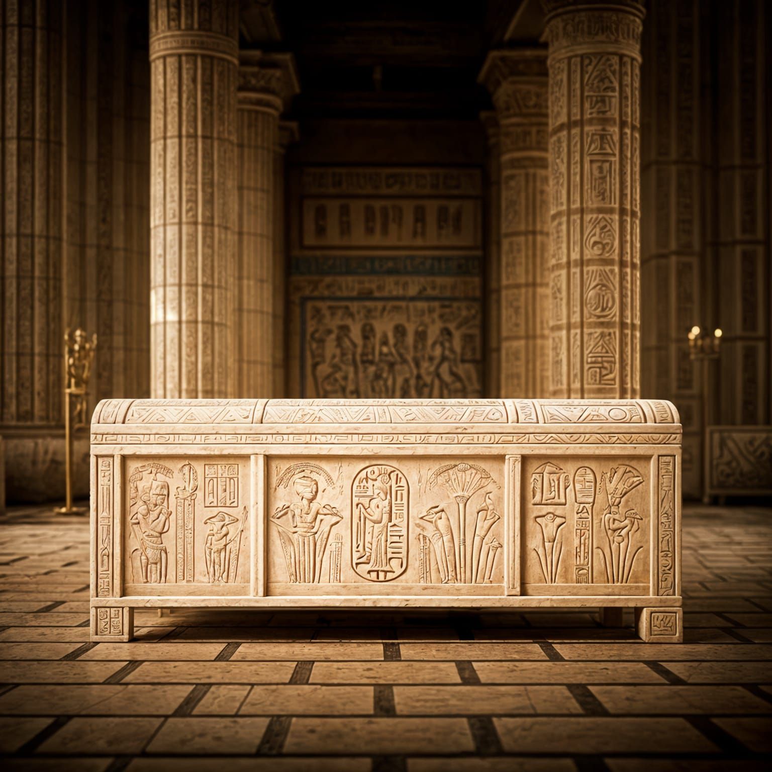 Ancient Egyptian Chest in Golden Hues, Intricately Carved wi...